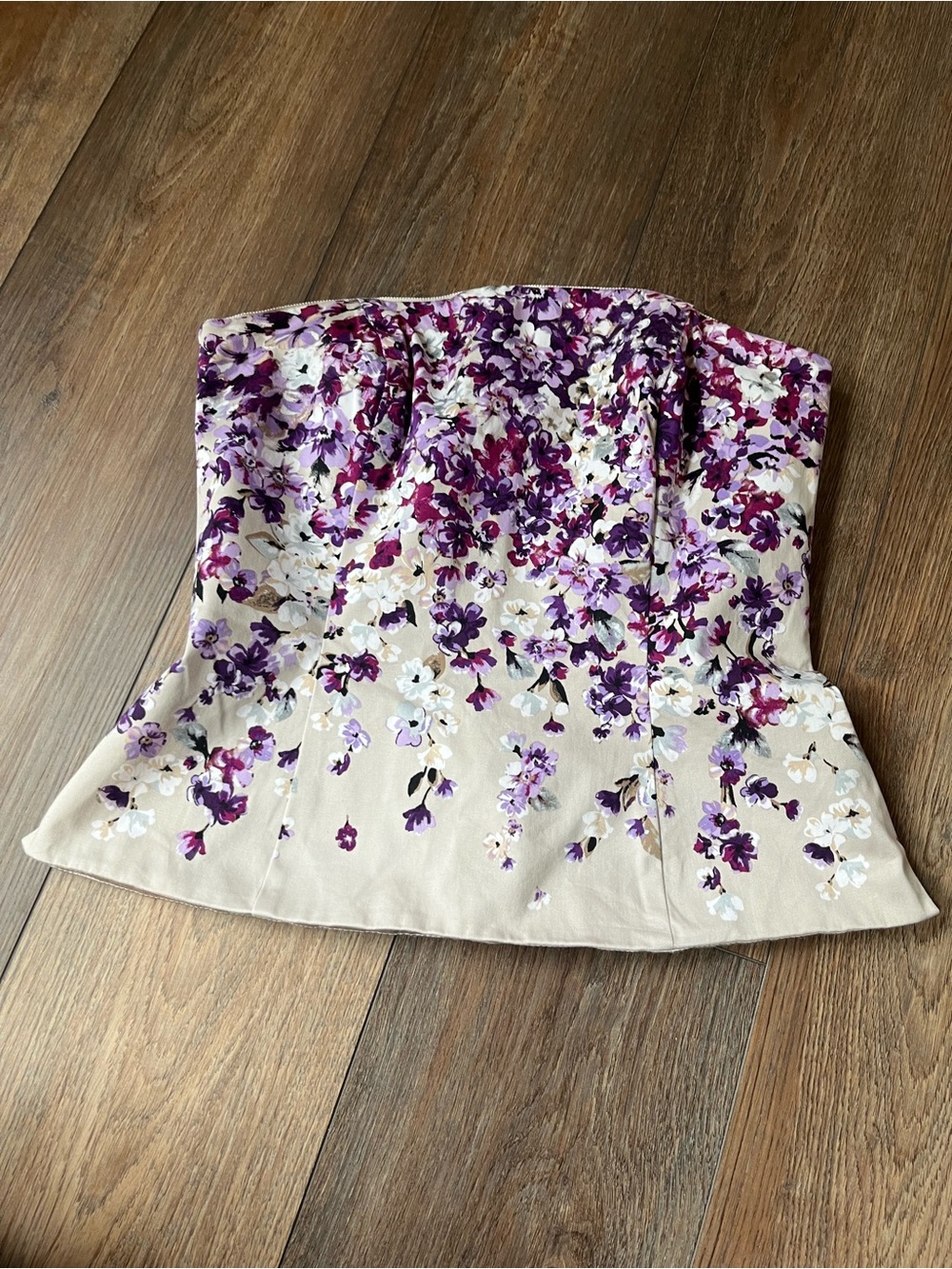 White House Black Market Cream and Purple Abstract Floral Strapless Top